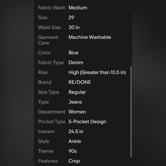 RE/DONE Women's 90s High Rise Ankle Crop Jeans Button Fly Medium Wash 29 / 8 - Picture 7 of 7